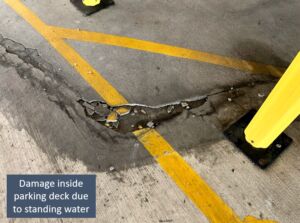Damage inside parking deck due to standing water