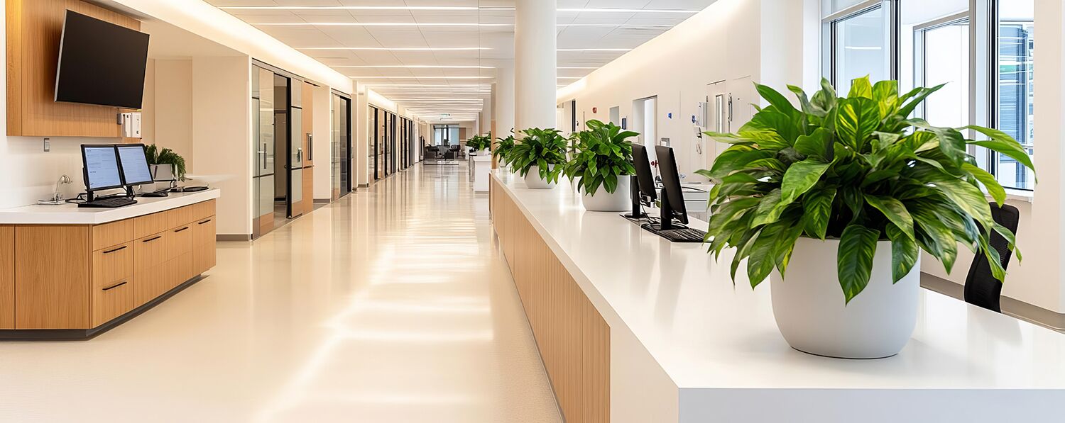 Healthcare facility with a focus on environmental health and indoor air quality, eco-friendly design, patient safety